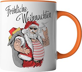 vanVerden Filiżanka - kubek bożonarodzeniowy - Bad Santa - tatuaż - Święty Mikołaj - wesoły Święty Bożego Narodzenia - obustronnie zadrukowany - pomysł na prezent filiżanka do kawy, kolor: biały/pomarańczowy