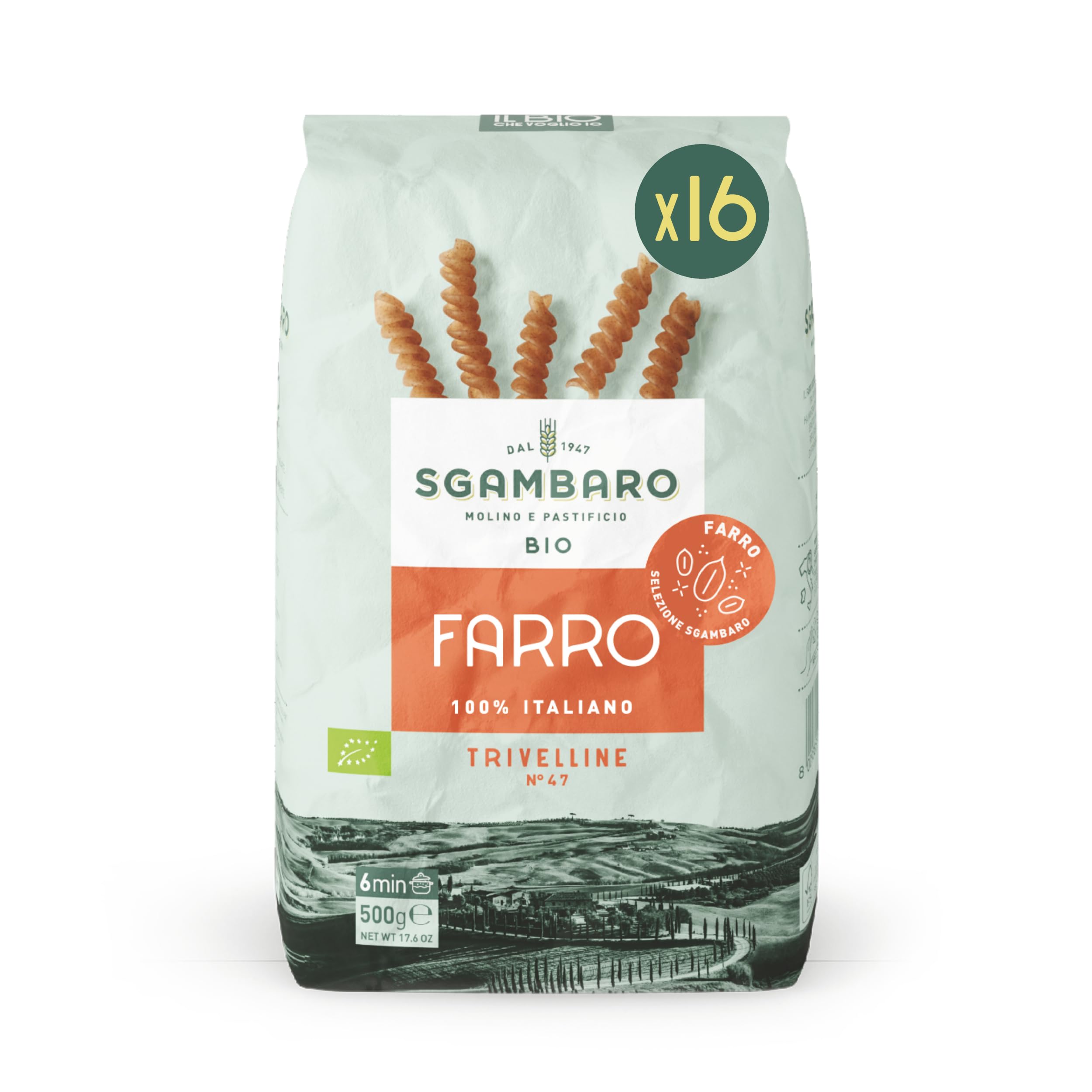 Sgambaro Pasta di Farro Selezione Bio Trivelline N.47 - 16x500g Pasta Farro 100% Italiana - a Basso Contenuto di Grassi, Fonte di Fibre, Proteine e Zinco - Ideale per Diete Sane e Naturali