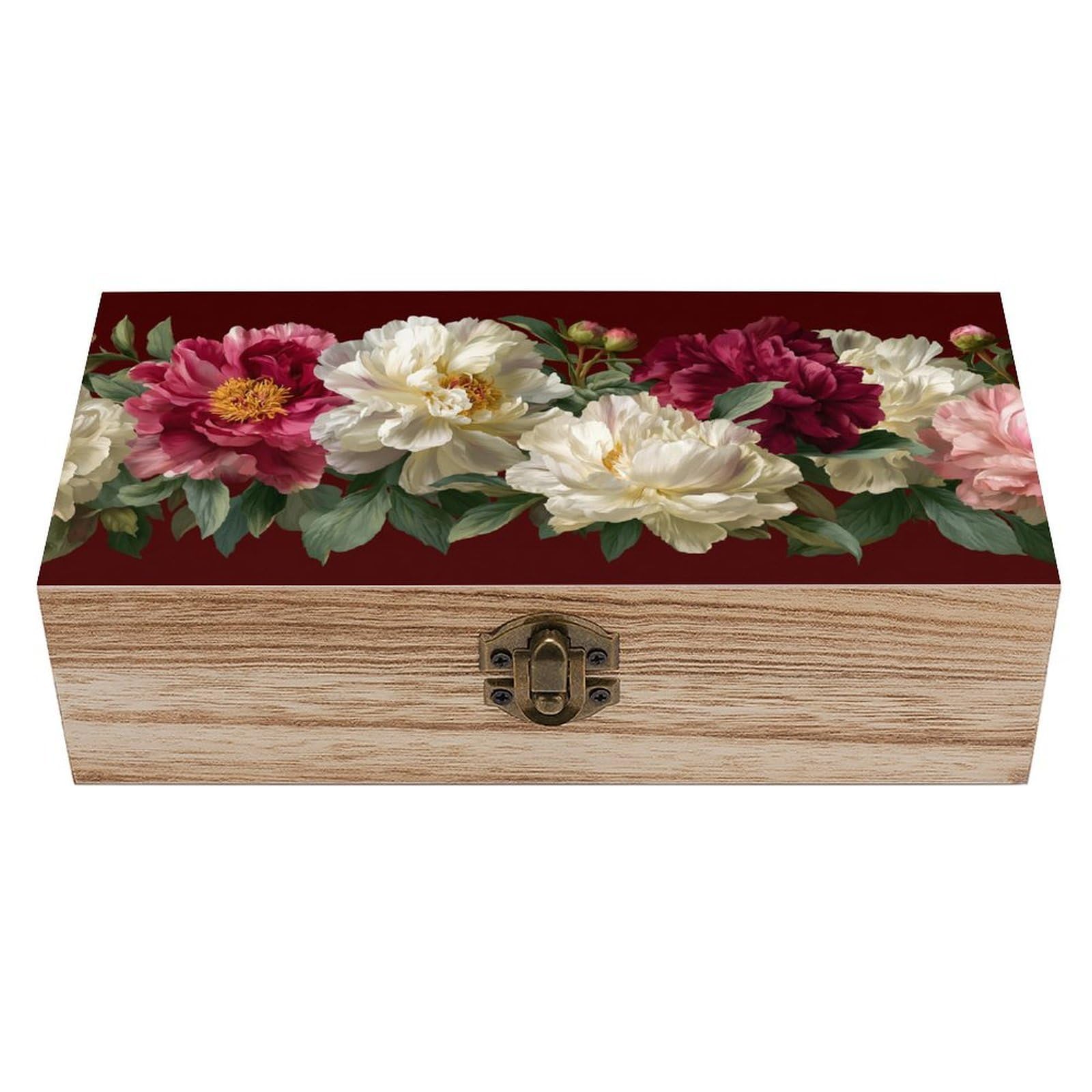 Jubonexis Pink White Burgundy Peonies And Green Leaves Wooden Storage Box with Hinged Lid And Front Clasp Large Keepsake Box