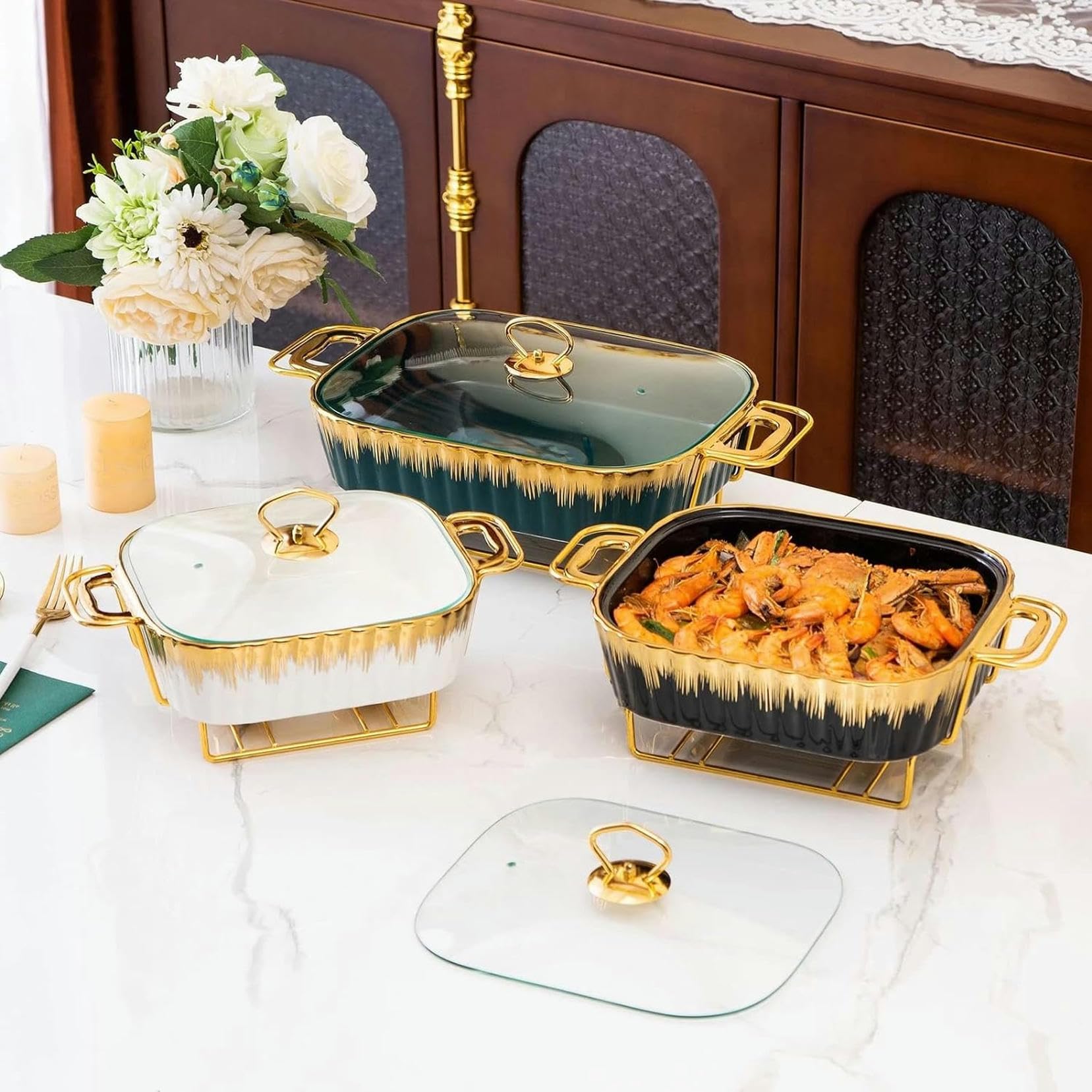 Scaldavivande In Ceramica, Scaldavivande Rettangolari Sotto Smalto Di Dimensioni Standard E Scaldavivande Per Buffet Con Coperchio In Vetro, Vassoio Scaldavivande Per Matrimoni, Feste E Banchetti, Ve