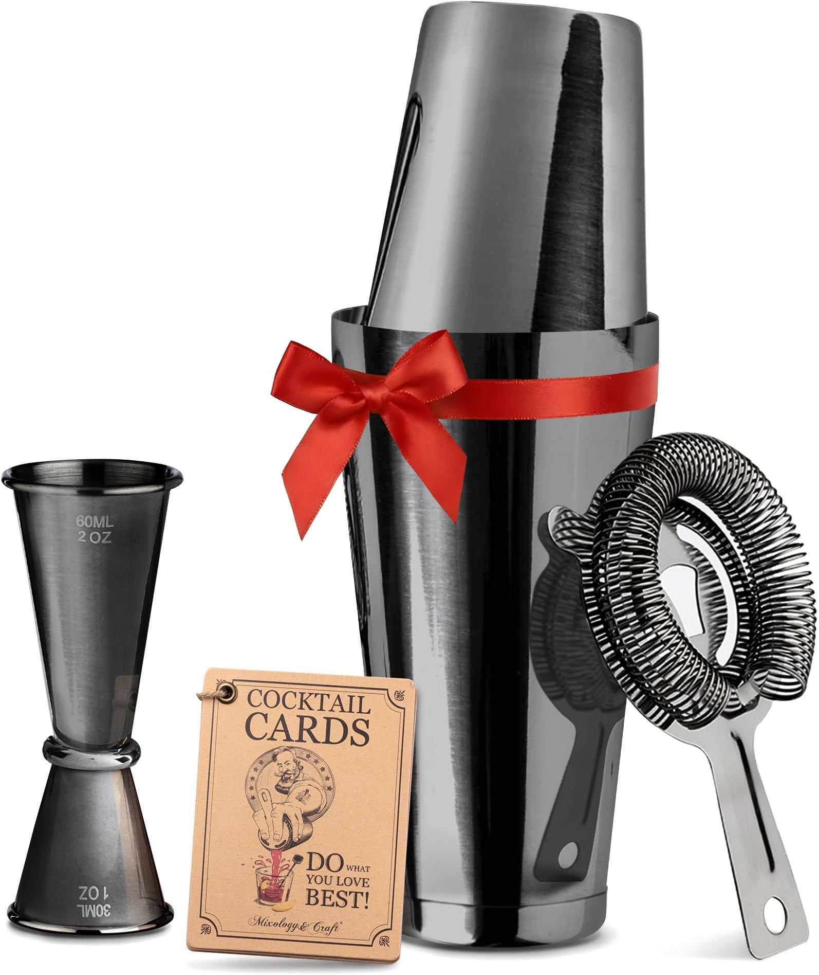 Mixology & Craft Boston Shaker Set with Weighted Martini Shakers | Cocktail Shaker Set Includes Strainer and Japanese Jigger | Great Gift Bar Set with Exclusive Recipe Cards | Leak-Proof (Gun-Metal)
