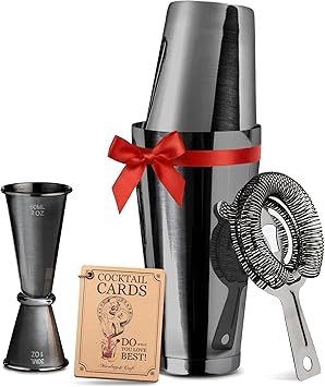Mixology & Craft Boston Shaker Set with Weighted Martini Shakers | Cocktail Shaker Set Includes Strainer and Japanese Jigger | Great Gift Bar Set with Exclusive Recipe Cards | Leak-Proof Gun-Metal