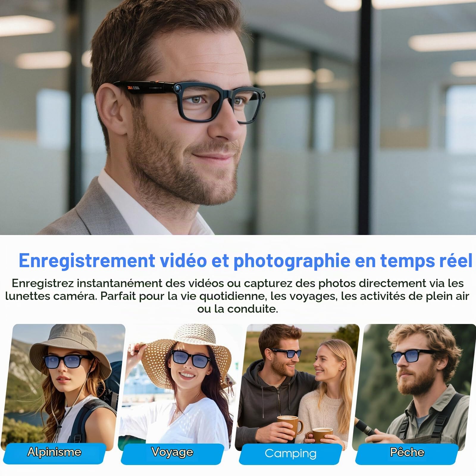 GenXenon Lunettes Connectées avec Caméra, Caméra 8 MP, Batterie 300 mAh, Charge USB-C, Prend en Charge l'enregistrement Vidéo 1080P, Photos et Assistant IA, pour Voyage, Camping (3 Paires de Verres)