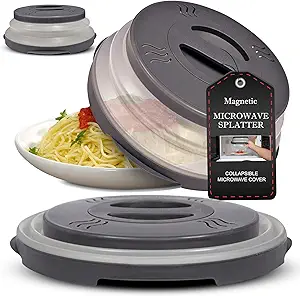 High Power Magnetic Microwave Splatter Cover with strongest magnetic grip, Collapsible 12-Inch BPA-Free Food Lid, Vented Plate Guard, Dishwasher Safe, Space-Saving Magnetic Storage - Gray