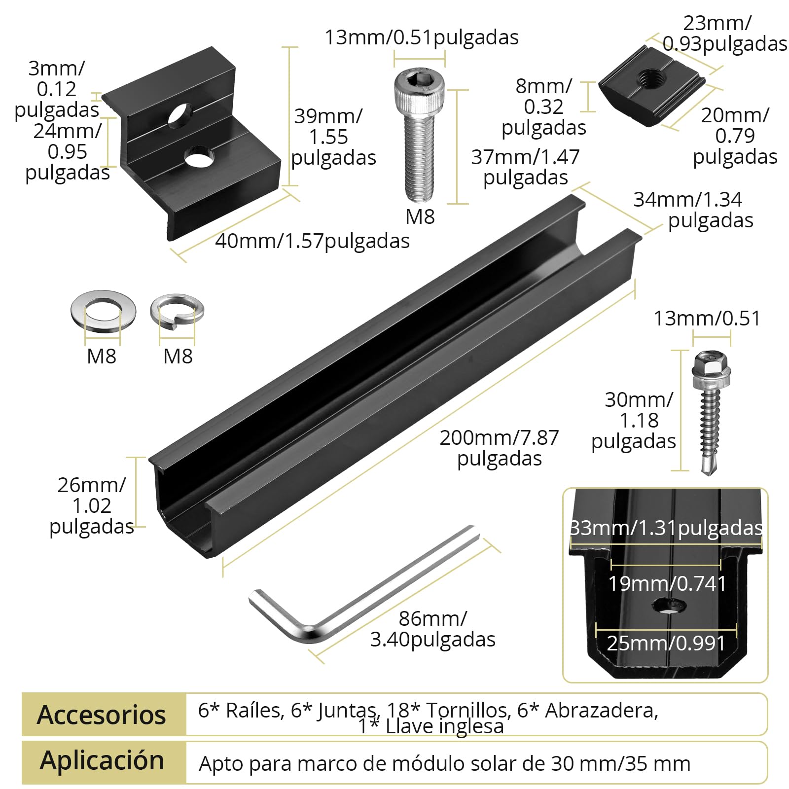 Anbte 6 Piezas Kit Soportes de Paneles Solares, 6 Rieles Perfiles de Aluminio de 200 mm, 6 Abrazaderas para Panel Solar de Z de 30 mm / 35 mm,18 Tornillos para La Instalación de Paneles Solares-Negro