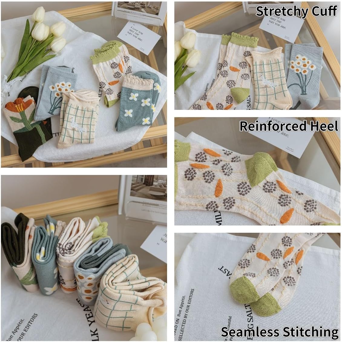 5/10 Pairs Embroidered Floral Socks for Women Combed Cotton Above Ankle Crew Socks - Image 4