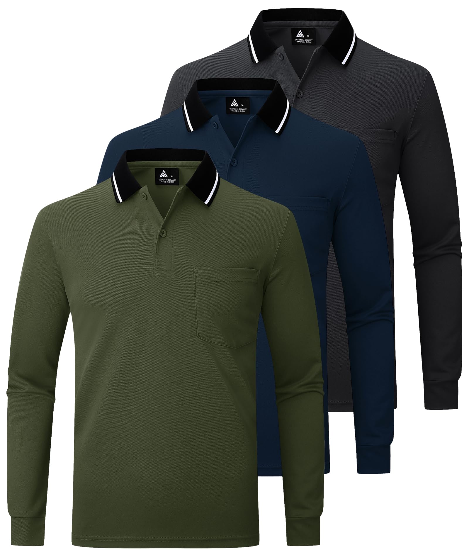 JACKETOWN Polo Uomo Manica Lunga Pacco da 3 Polo Golf Lavoro Traspirante T Shirt con Taschino Primavera Autunno Camicie per la Pesca Escursionismo