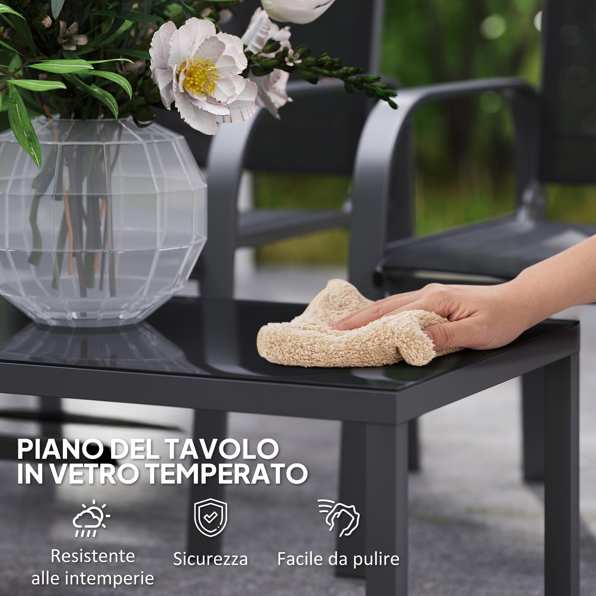 Outsunny Set Salotto da Giardino 4 Pezzi, Divanetto Esterno 2 Posti Schienale Regolabile, Tavolo Caffè Vetro, Impermeabile Acciaio Textilene Nero