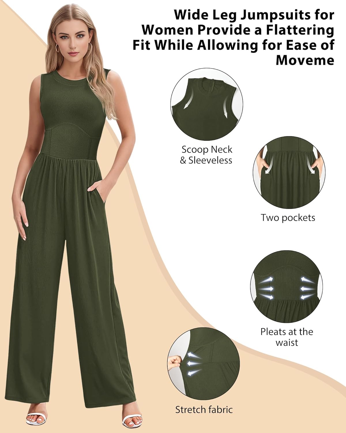 AURUZA Jumpsuits for Women, Sleeveless Crew Neck Jumpsuits for Women Casual One Piece Outfit Wide Leg Long Pants Rompers for Women 2024 Jumper Dressy with Pockets, Green, M - Image 2