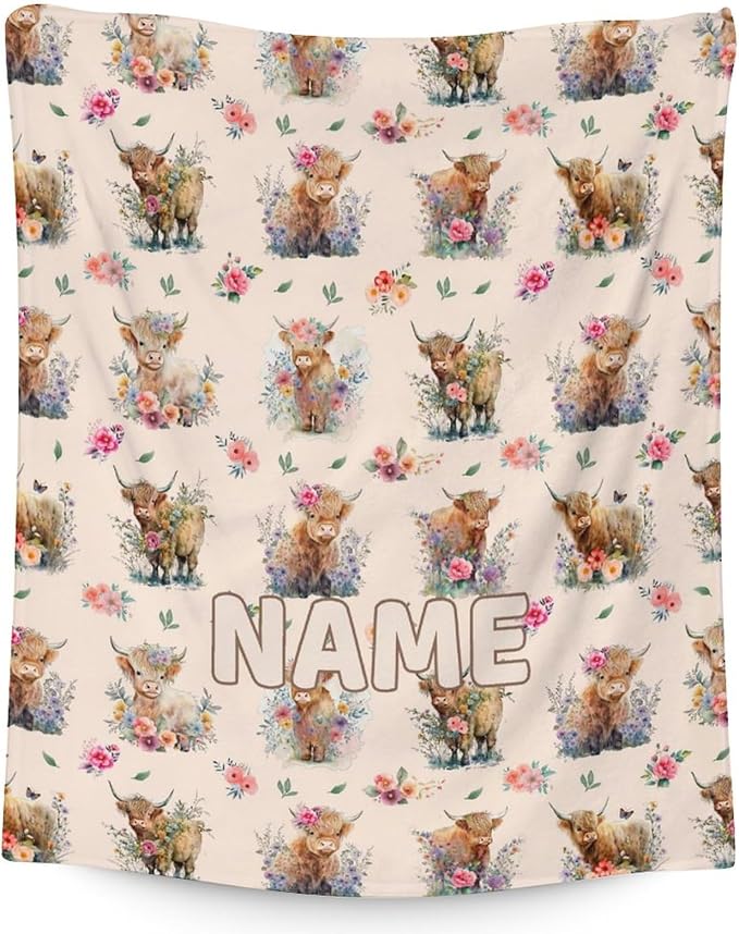 Mercuryelf Custom Highland Cow Throw Blanket - Soft, Fuzzy & Warm - 50x60 Inches Flannel Blankets for Living Room, Sofa - Beige Cute Throws Gift for Teens
