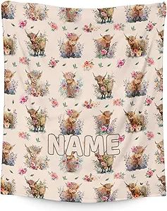 Mercuryelf Custom Highland Cow Throw Blanket - Soft, Fuzzy & Warm - 50x60 Inches Flannel Blankets for Living Room, Sofa - Beige Cute Throws Gift for Teens