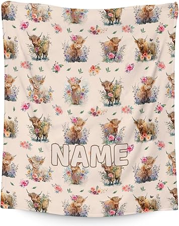 Mercuryelf Custom Highland Cow Throw Blanket - Soft, Fuzzy & Warm - 50x60 Inches Flannel Blankets for Living Room, Sofa - Beige Cute Throws Gift for Teens