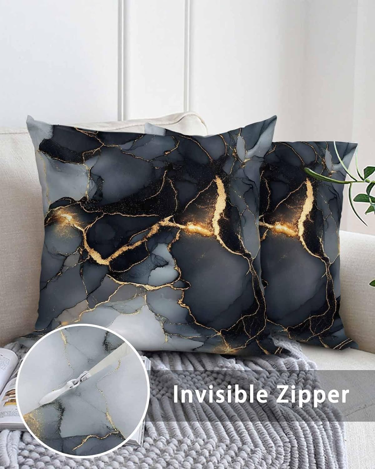 Outdoor Waterproof Throw Pillows Gold Lines Black Marble Texture Patio Pillows Pack of 2,Decorative Pillow Covers with Insert,Pillow Cushion Case for Garden Couch Sofa Gradient Abstract Art