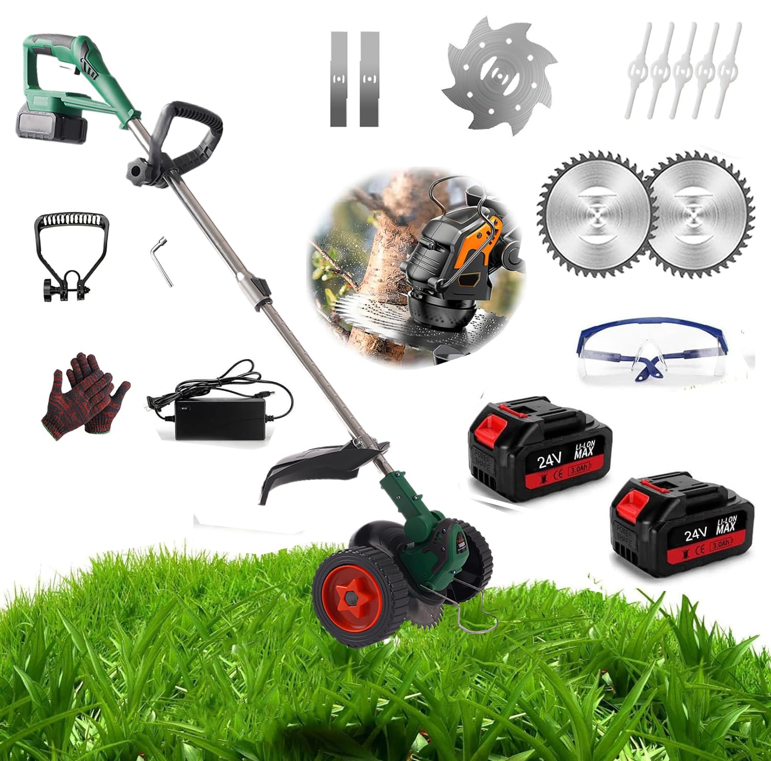 Desbrozadora Electrica 2000w,Cortabordes Bateria Brushless con 2 Baterías, 24 V Corte Borde Inalámbrico, Tubo Telescópico, con 4 Tipos De Cuchillas para Césped Jardín Poda (sin Ruedas)