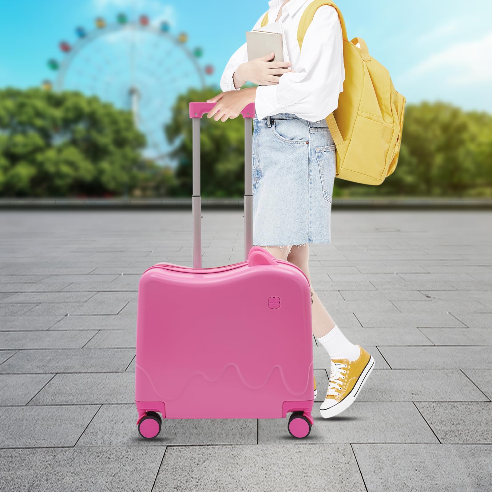 Maleta infantil para sentarse arriba, maleta de viaje para niños con barra de tracción y cerradura de contraseña, maleta para niños de 3 a 6 años, para niñas y niños, color rosa
