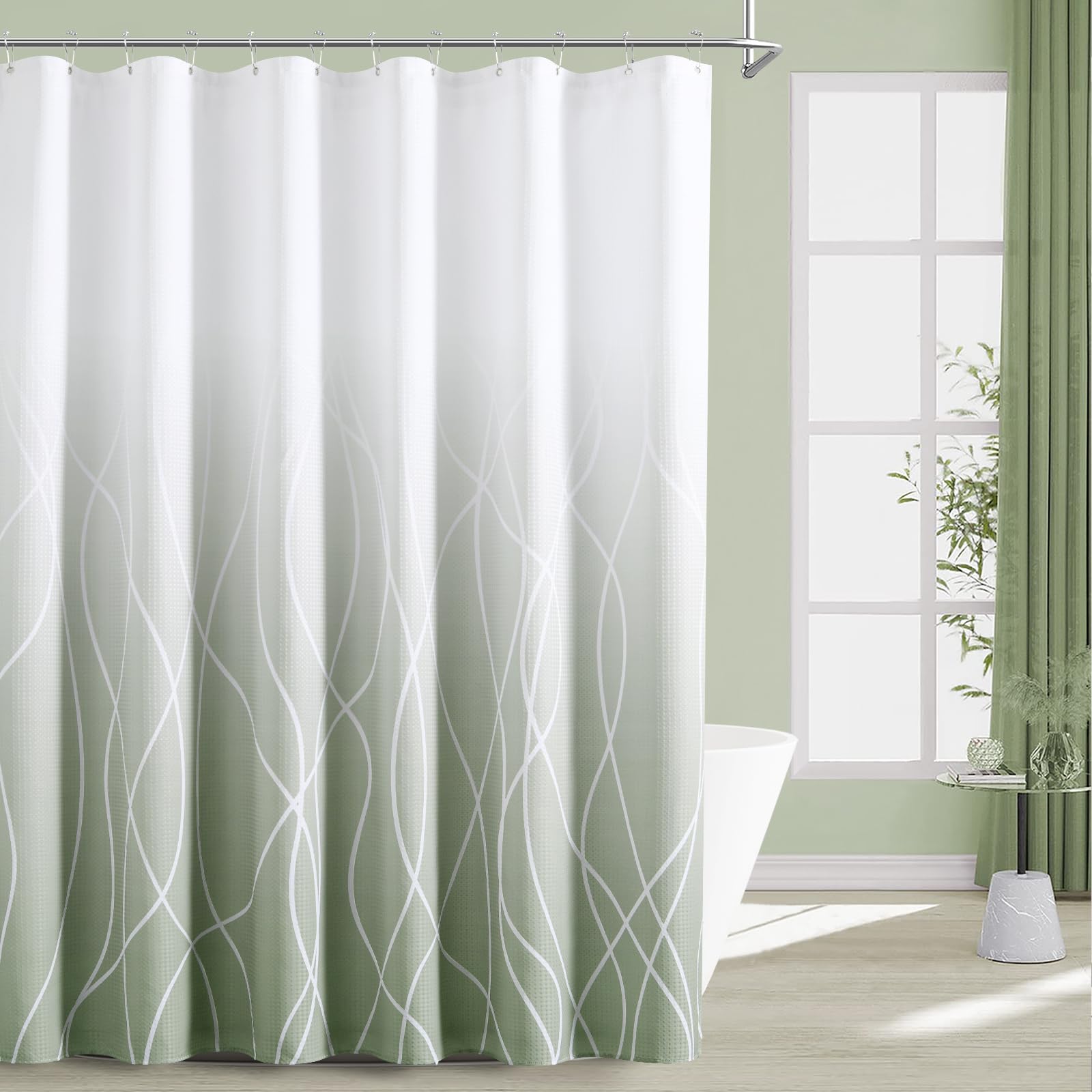 Shower Curtains Sage Green 72x78, Green and White Shower Curtain with Liner Waffle Drapes with Snap in Fabric Liner Double Bath Curtains for Bathroom Washbale Curtain Set Palegreen