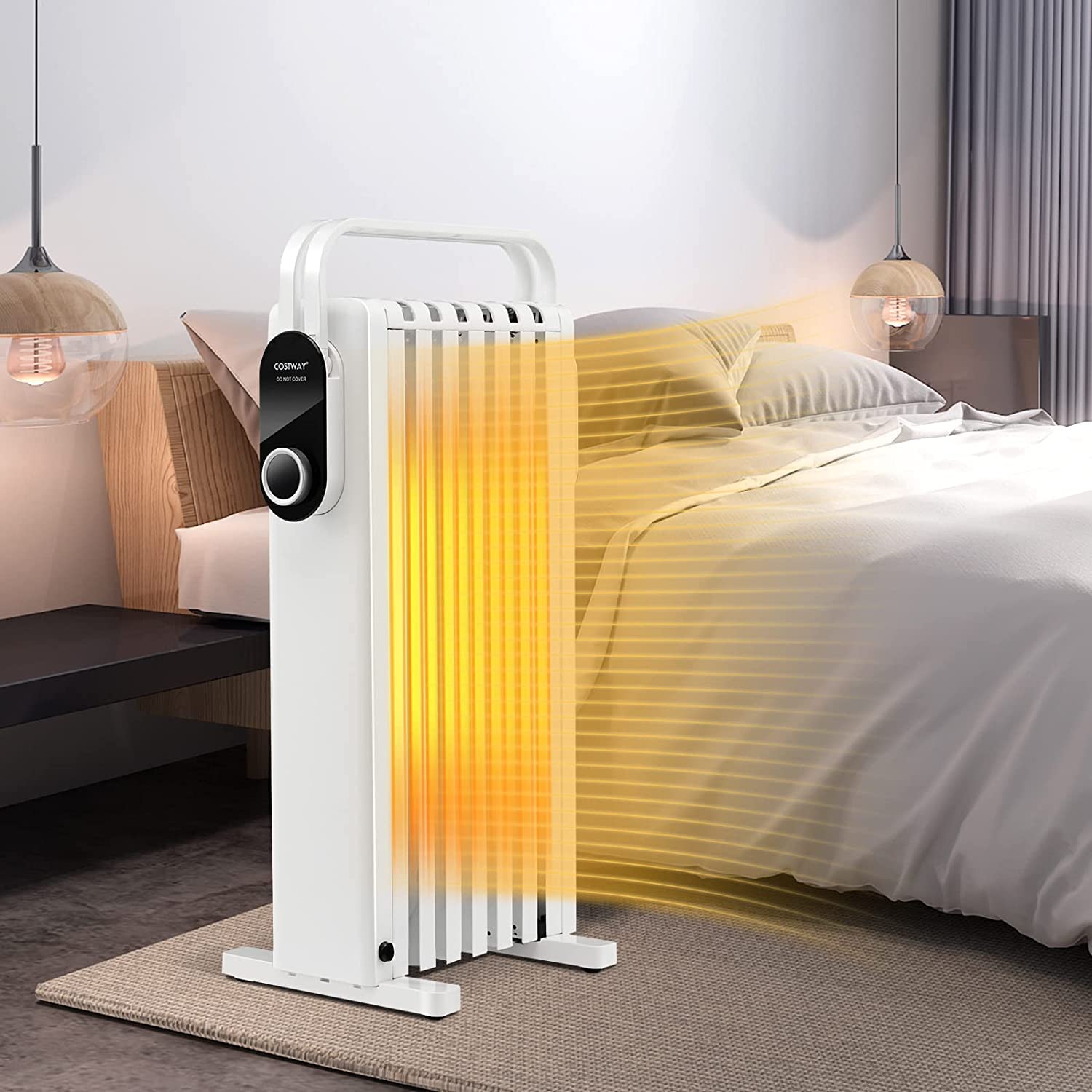 COSTWAY 1500W Radiador Eléctrico de Aceite, Calentador Eléctrico Bajo Consumo, 3 Ajustes de Calor hasta 35°, Estante Plegable para Colgar, Calentador de Bajo Ruido de Interior (Blanco)