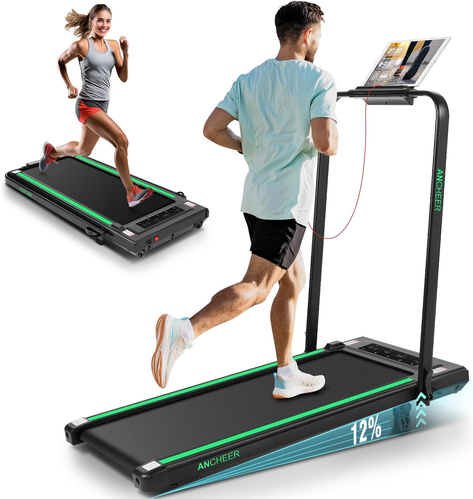 Treadmill with 12%/15% Incline, Folding Walking Pad with Handle Bar, 320-450lb Capacity Under Desk Foldable 3.5HP Treadmills for Home/Office/Gym,Installation-Free
