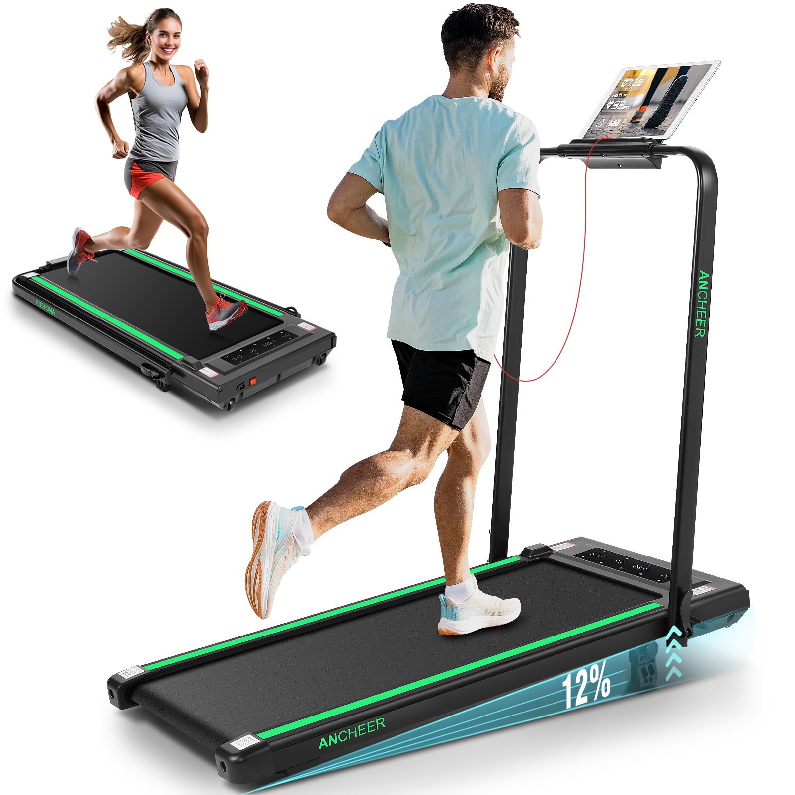 ANCHEER Treadmill with 12%/15% Incline, Folding Walking Pad with Handle Bar, 320-450lb Capacity Under Desk Foldable 3.5HP Treadmills for Home/Office/Gym,Installation-Free