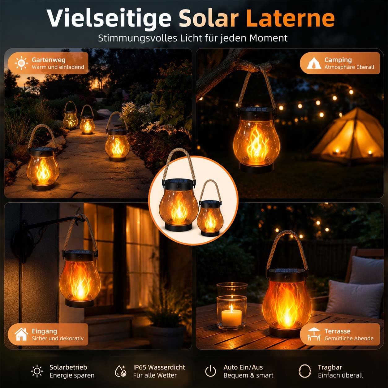 Klynero Solar-Laterne mit Flammeneffekt, USB Wiederaufladbare Außenleuchte (Transparent *2)