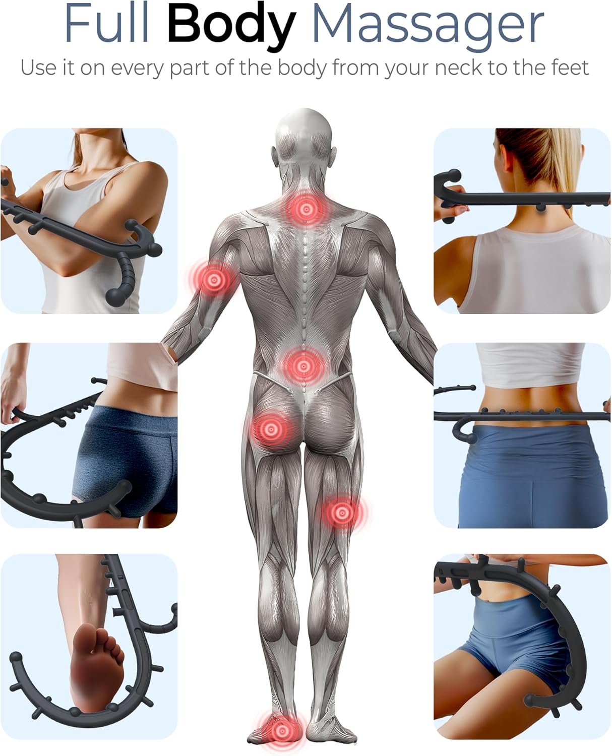 back and neck massager for pain relief deep tissue, upgraded full body trigger point cane massage tools, massage stick pressure point hook, muscle knot remover tool (black)