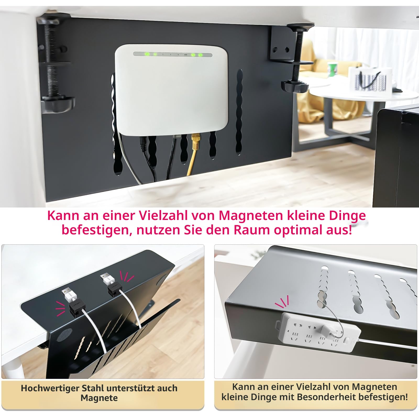 Desk Side Storage, Under Desk Storage, No Drill Steel Hanging Desk Organizer, Laptop Holder, Desk Storage Holder für Büro & Haus (Schwarz)
