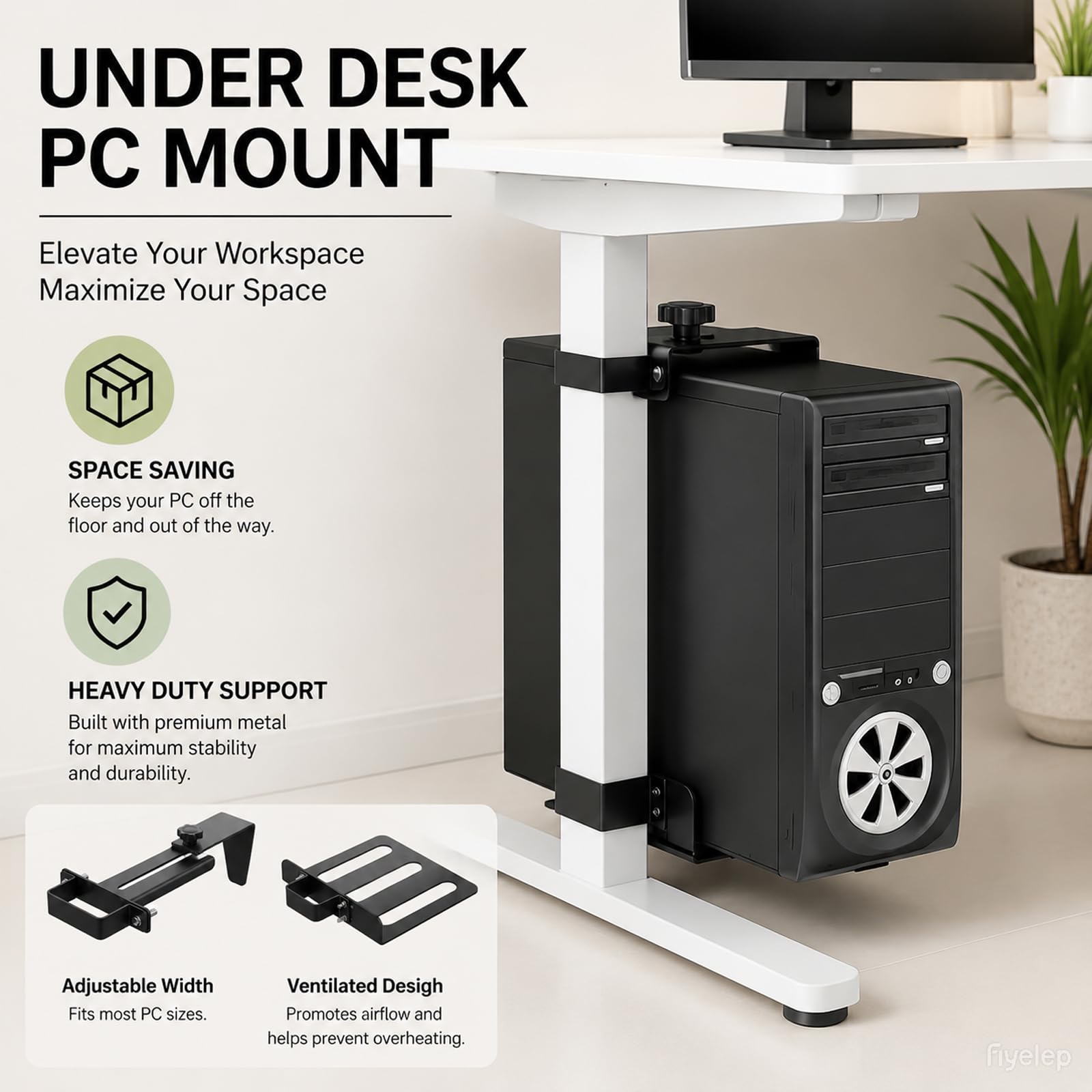 Supporto per PC da scrivania senza foratura, supporto per PC sotto la scrivania, portata 18 kg, regolabile in altezza e larghezza, ideale per ufficio, casa, aula, gamba del tavolo, 65 x 45 mm, nero