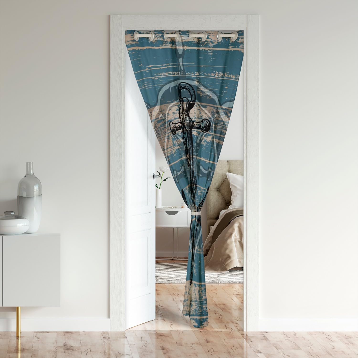 Rideau de séparation de pièce avec ancre noire - Rideau de porte nautique pour porte d'intimité pour enfants, garçons et filles - Panneau de porte en bois bleu marine - Pour chambre à coucher, salon,
