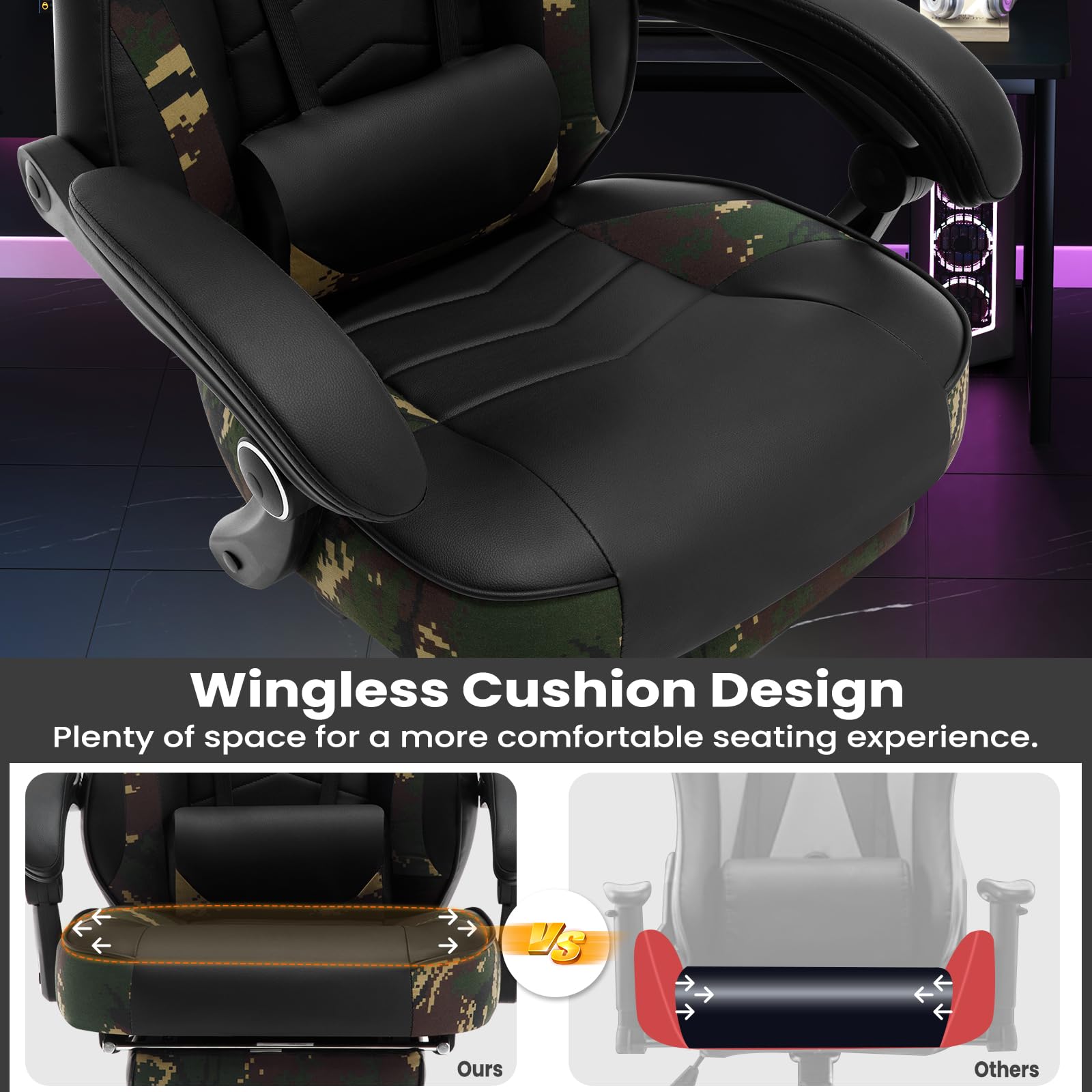 WOLTU Chaise Gaming, Chaise Bureau Ergonomique en PU Cuir, Fauteuil Gaming avec Repose-Pieds, Pivotante Grand Dos & Grand Siège pour Personne Lourde, Livestream Siege Gamer, Camouflage