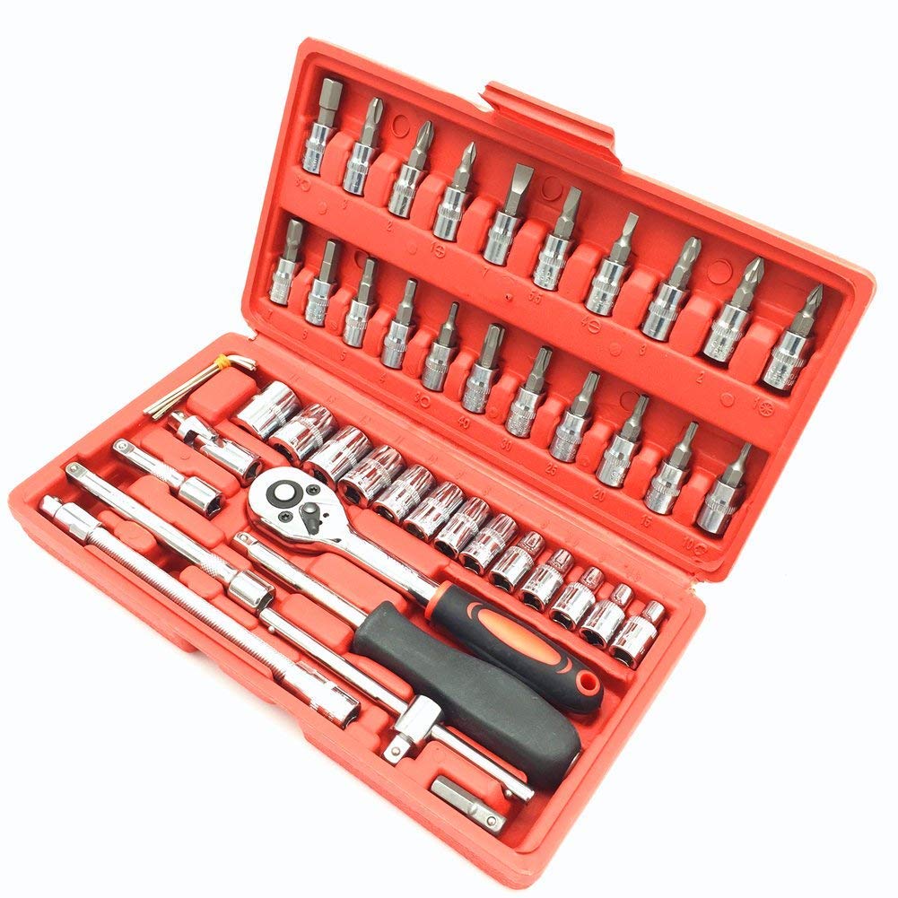 LOYZO Socket Set, 46 Pieces Spanner Socket Set 1/4" Car Repair Tool Ratchet Wrench Set Hand Tool (Red)