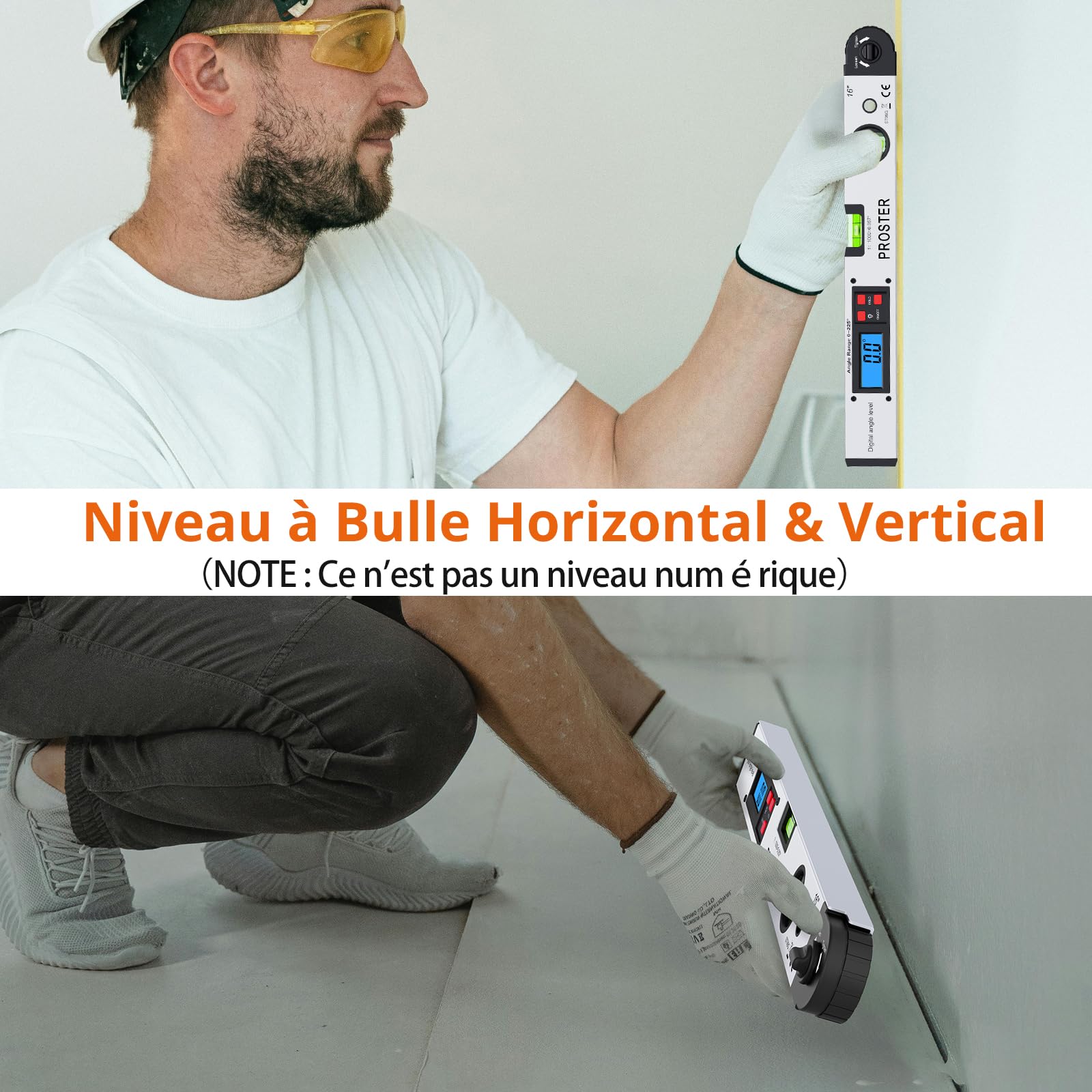 Proster Rapporteur d’Angle Numérique 0–225° - Règle d’Angle 400 mm / 16 Pouces avec LCD Rétroéclairé, HOLD, Niveaux à Bulle, Fausse Équerre pour Menuiserie, Charpente, Bricolage (Argent)