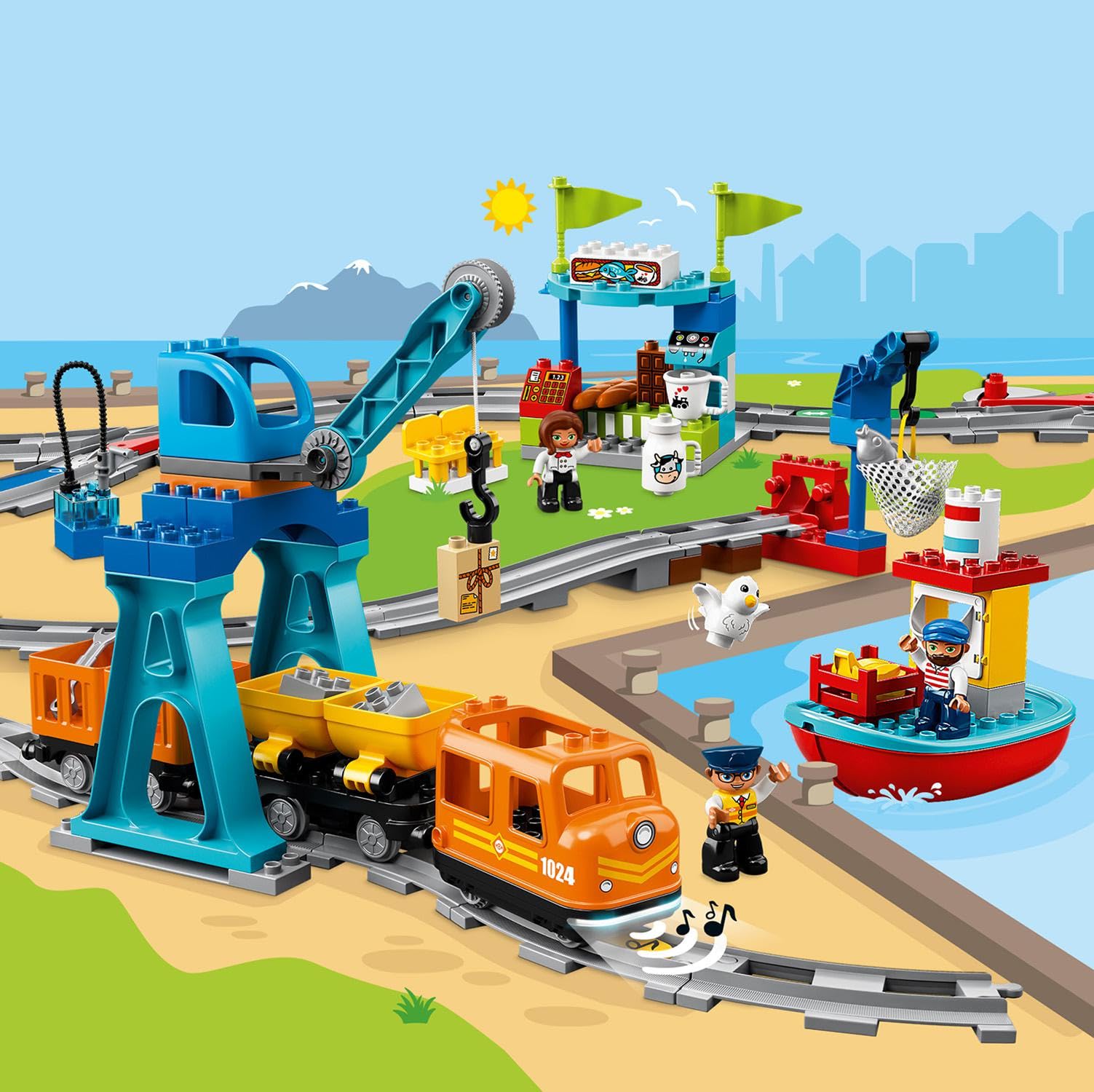 LEGO Duplo Tren de Mercancías Teledirigido de Juguete con Luz y Sonido, Accesorios de Comida, Vías, Figuras y Grúa, Regalos para Niños y Niñas de 2,3,4 y 5 Años 10875