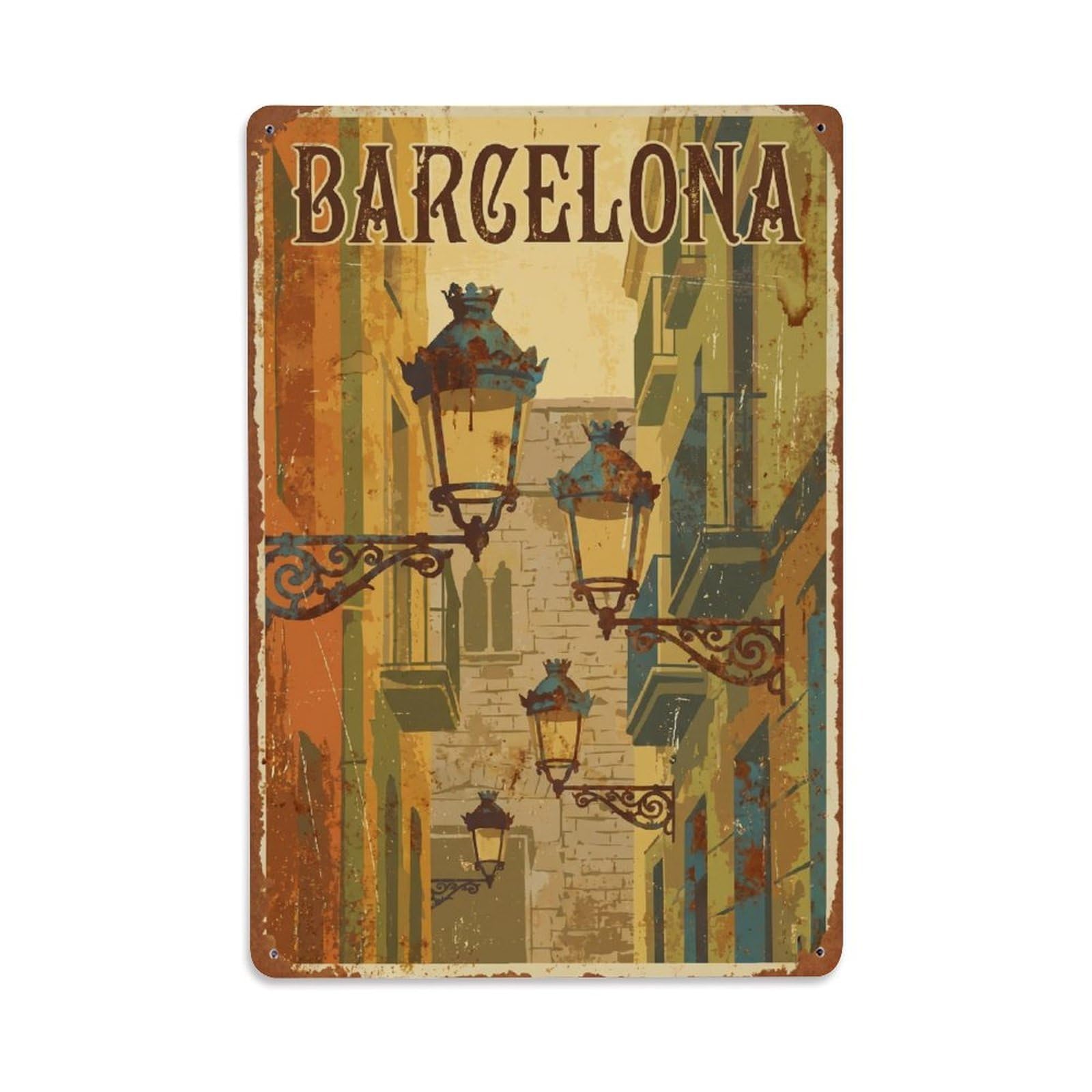 Okngb Style Retro Street Lanterns Barcelona Mediterranean City Metal Tin Sign Plaque Wall Decor For Cafe, Man Cave, Club Bar, Office, Home Garden Round Metal Poster 8X12inch