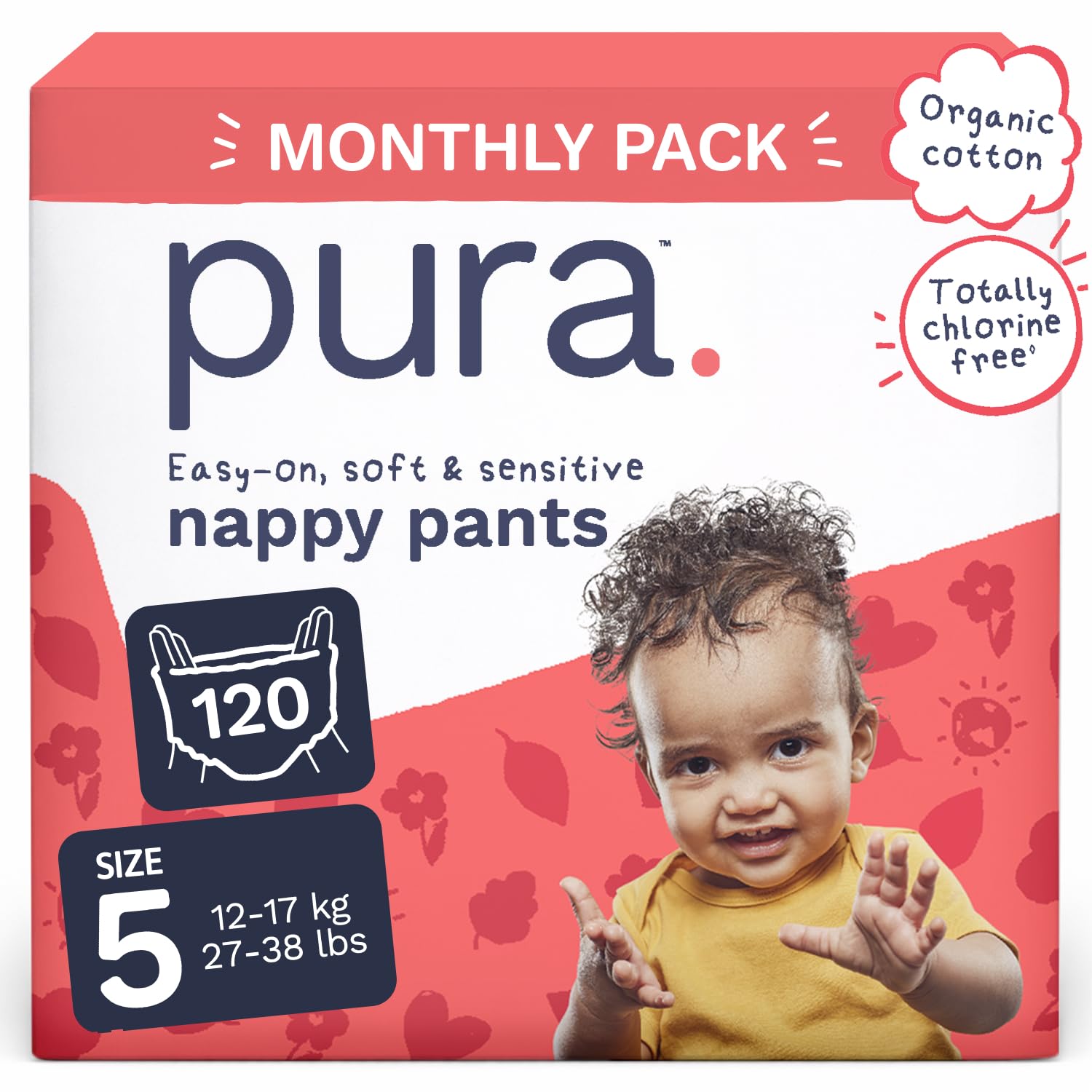 Pura Nappy Pants Size 5, 120 Count, 12-17kg, 360° Stretch Fit, Potty Training Pants for Hypoallergenic & Sensitive Skin, Up to 12 Hours Overnight Leak Protection, Totally Chlorine Free