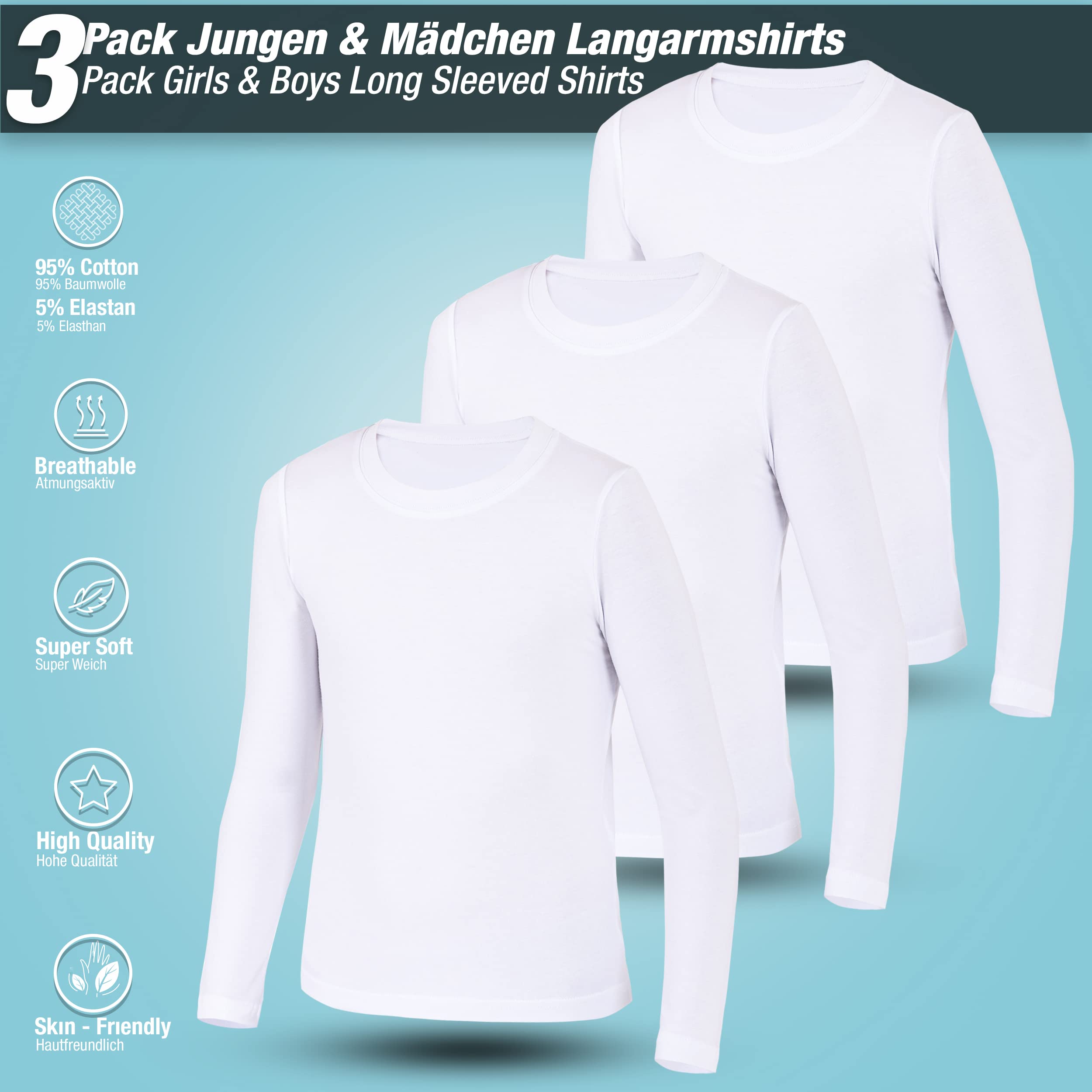 LOREZA ® 3 sous-vêtements Manches Blanc Longues Enfants Garçons Filles sous-Vetements Maillots de Corps Chemise
