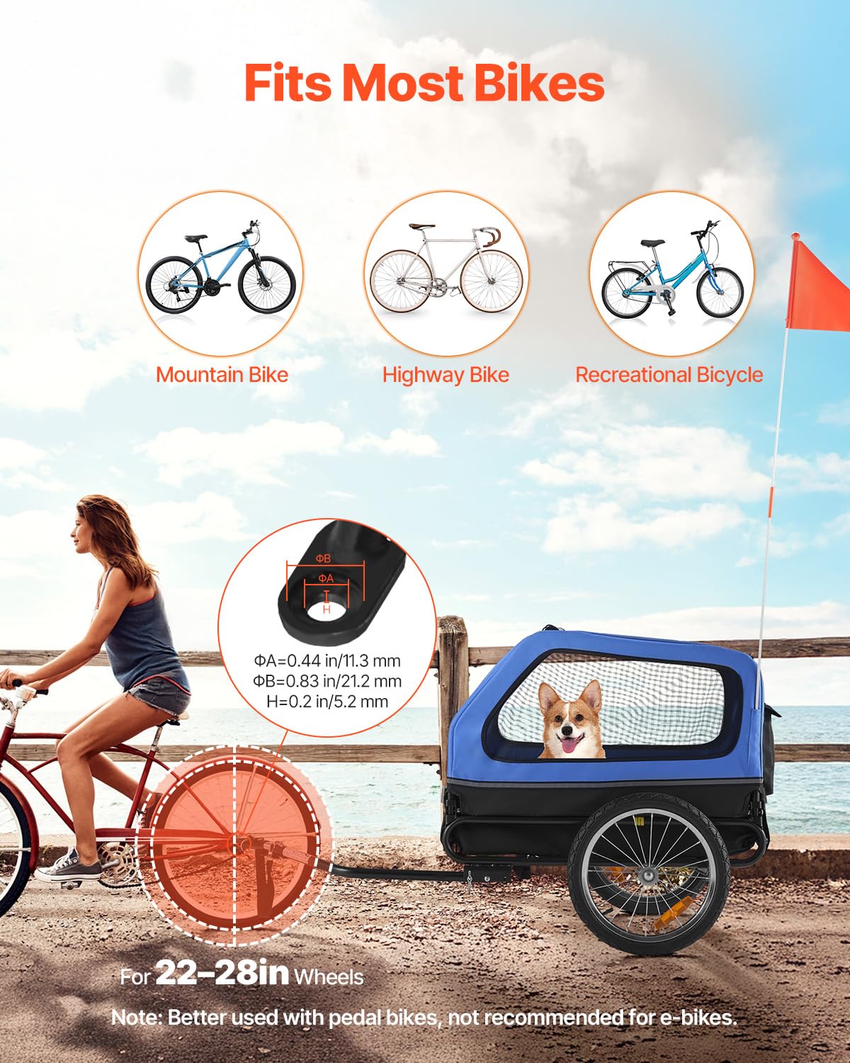 VEVOR Rimorchio per Bici per Cani, Supporta Fino a 40 kg, Carrello Portabici, Telaio Pieghevole con Ruota a Sgancio Rapido, Attacco Universale per Bicicletta, Riflettore, Bandiera Guinzaglio Interno