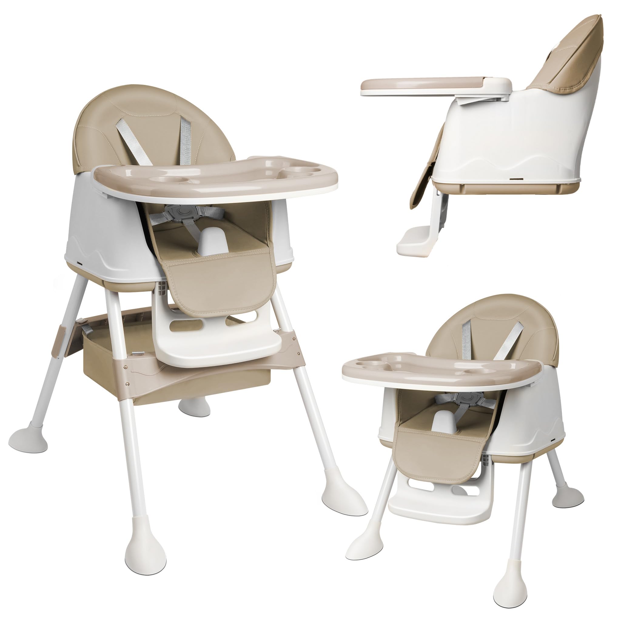 Yunvin Baby High Chair 3-in-1 Highchair Booster Seat Toddler Chair & Table with Removable Double Tray, 5-Point Harness and Storage Basket Convertible for Babies & Toddlers Feeding, Beige