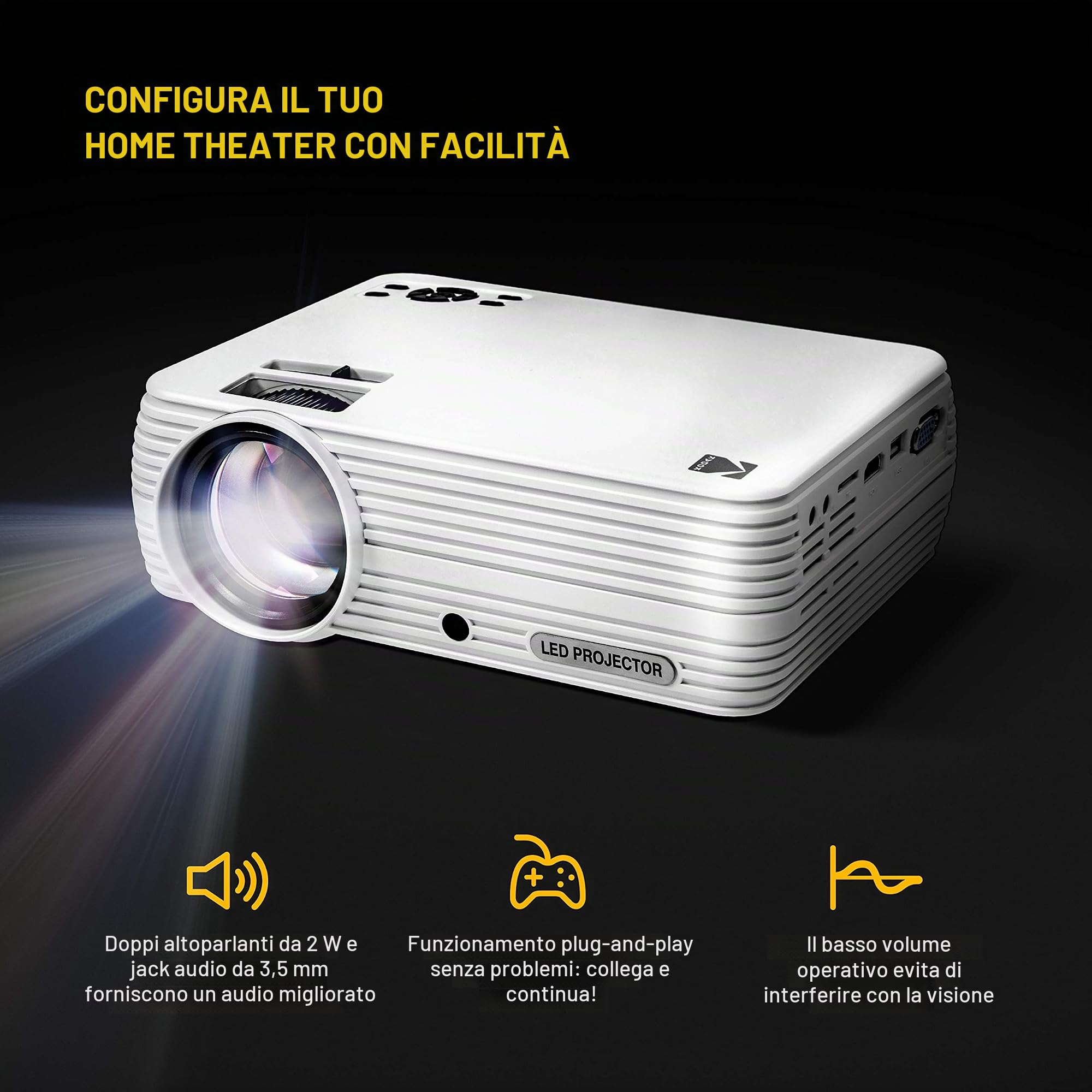 KODAK FLIK X7,Proiettore domestico (Max 1080p HD) con treppiede, custodia inclusa, compatto, progetti fino a 150 pollici, risoluzione nativa 720p e 30.000 ore, lampada LED lumen, VGA, HDMI e USB