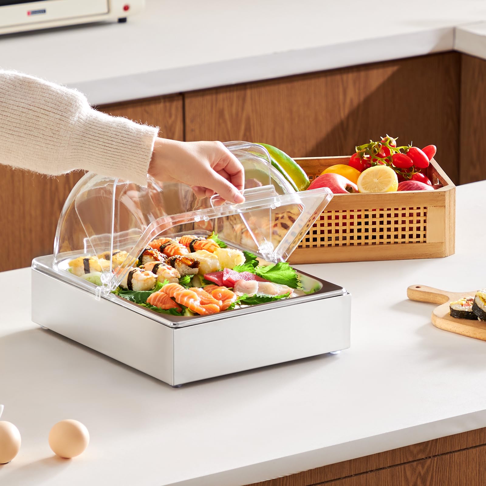 VEVOR Contenedor de Exhibición para Servir Alimentos sobre Encimera, de Acero Inoxidable, 1 x 1/2 Sartén, con Tapa Transparente y Bandeja de Hielo, para Restaurante, Fiesta, 345 x 276 x 245 mm