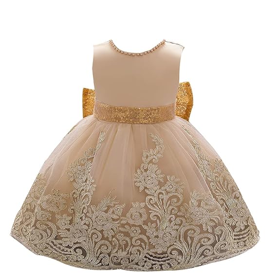 Little Shoppe Party Princess Creamish Golden Knee Length Dress with Glittering Detachable Bow for Girls