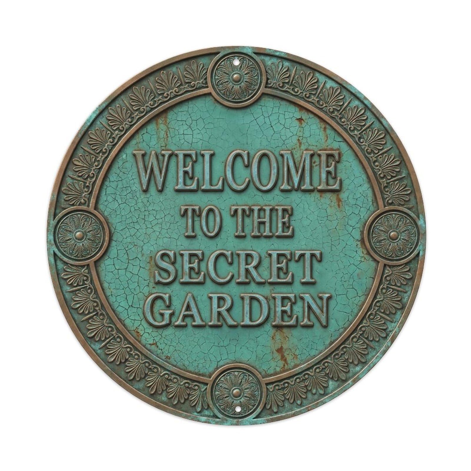 Vintage Welcome Secret Garden Ornate Embossed Metal Tin Sign