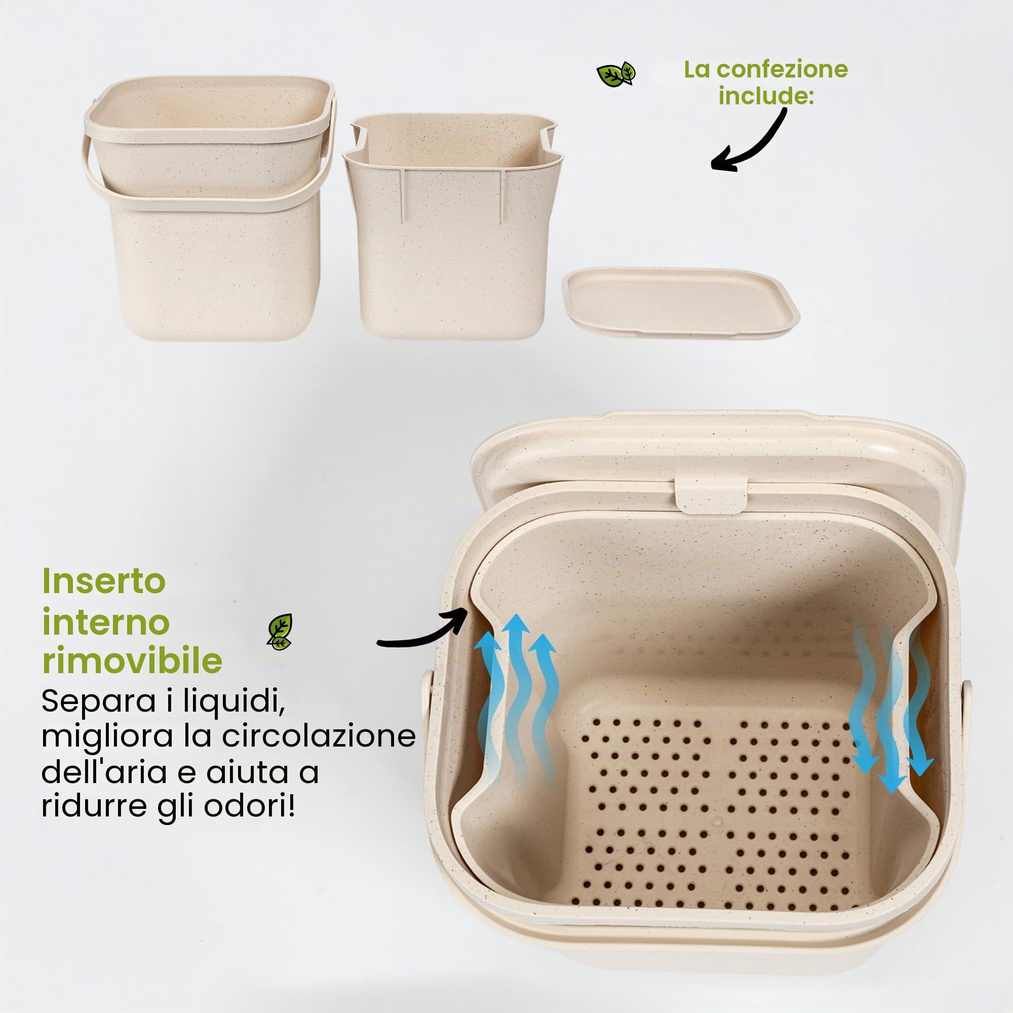 Urbalive Design - Pattumiera biologica, 8 l, con colino estraibile, secchio per compost da cucina con coperchio, piccolo cestino per rifiuti biologici quotidiani, lavabile in lavastoviglie, con
