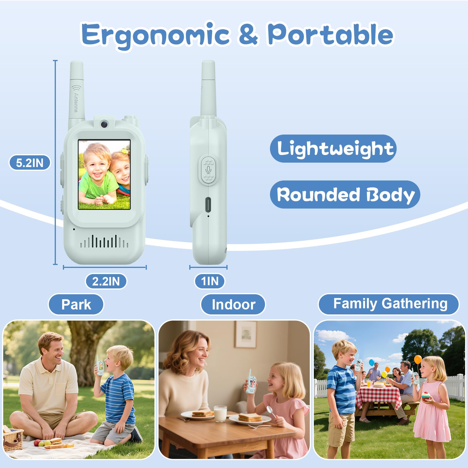 Video Walkie Talkie Bambini, Set da 2 Dispositivi Ricaricabili con Interfono Video, Giochi per Interni ed Esterni per Attività in Famiglia, Campeggio per Ragazzo e Ragazza dai 3 ai 12 Anni (Verde)