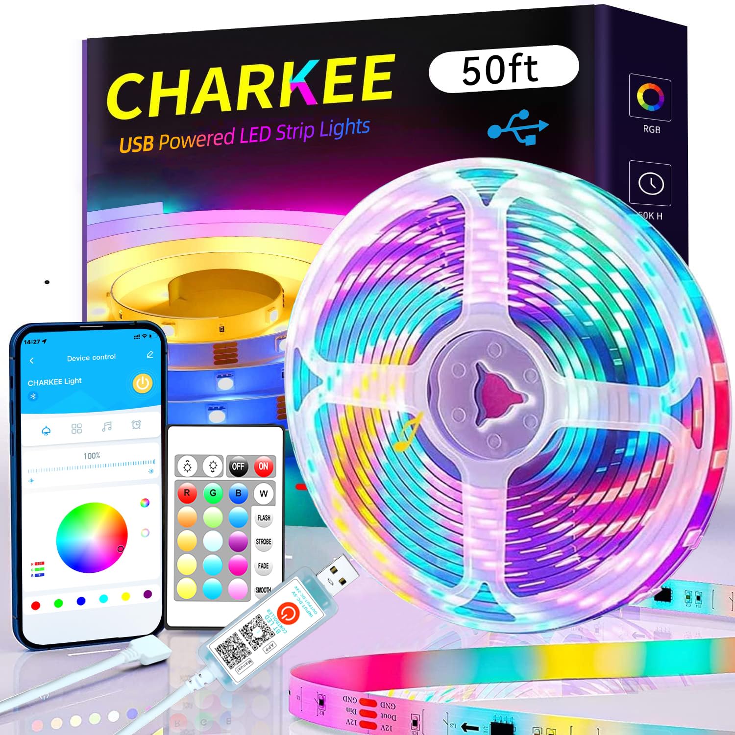 CHARKEE 50ft LED Lights USB-Powered, RGB Strip Lighting for Bedroom/TV Backlight/Gaming Lighting, Color Changing Bluetooth Led Lights with Smart App Control, Music Sync Sound Reaction