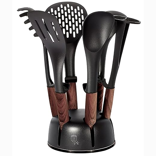 B BERLINGER HAUS BERLINGERHAUS PROFESSIONAL PRECISION Ebony Rosewood Set Utensilios Cocina de Nylon 6 Piezas + Soporte 360°, Antiadherentes Libre de BPA, Resistentes al Calor, Mango Efecto Madera
