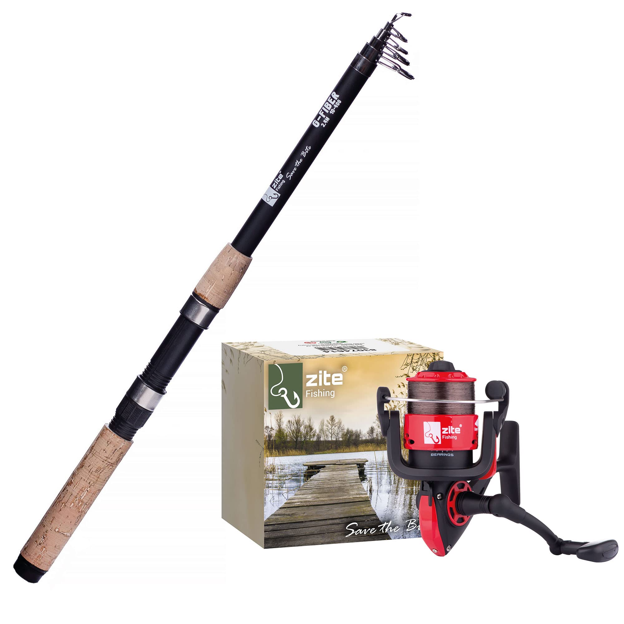Zite Kit de pêche à la carpe - Canne à pêche télescopique en fibre de verre de 2,7 m avec poignée en liège + moulinet de pêche monofilament - Kit pour débutant