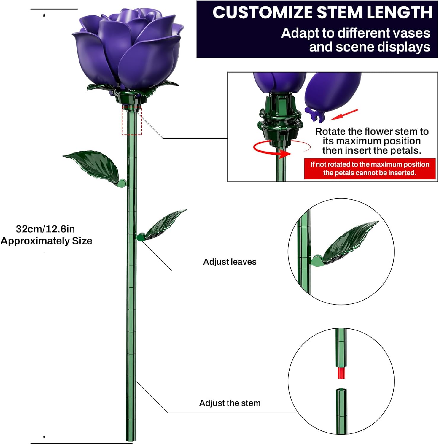 Purple Rose Bouquet Building Set for Girls & Boys - 12 Pack Botanical Collection Gift for Easter Basket Artificial Flowers Botanical Collection Centerpiece Retro Decor