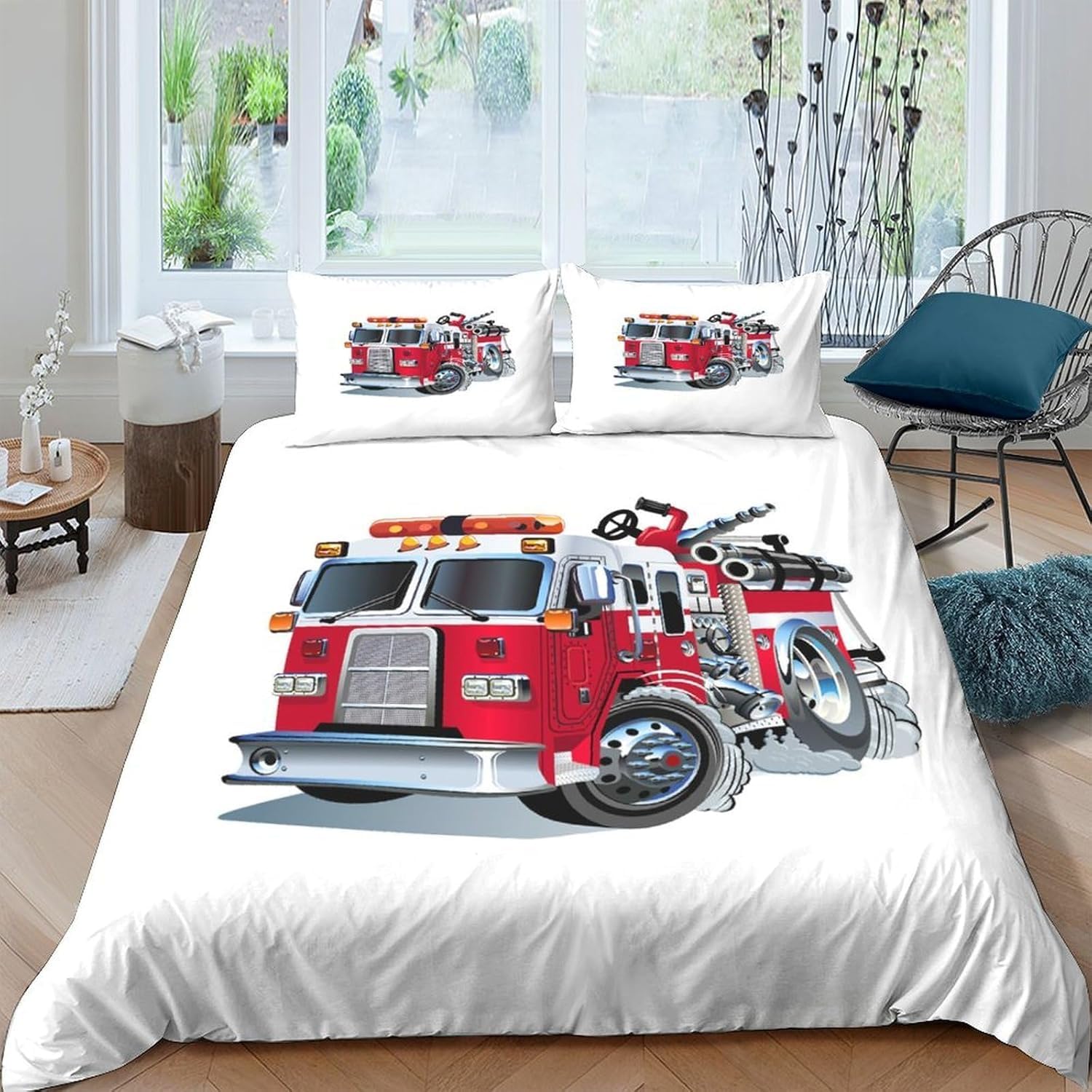 Housse de couette 140x200 camion de pompiers 3D avec 2 taies d'oreiller pour lit 1 personne M.2493