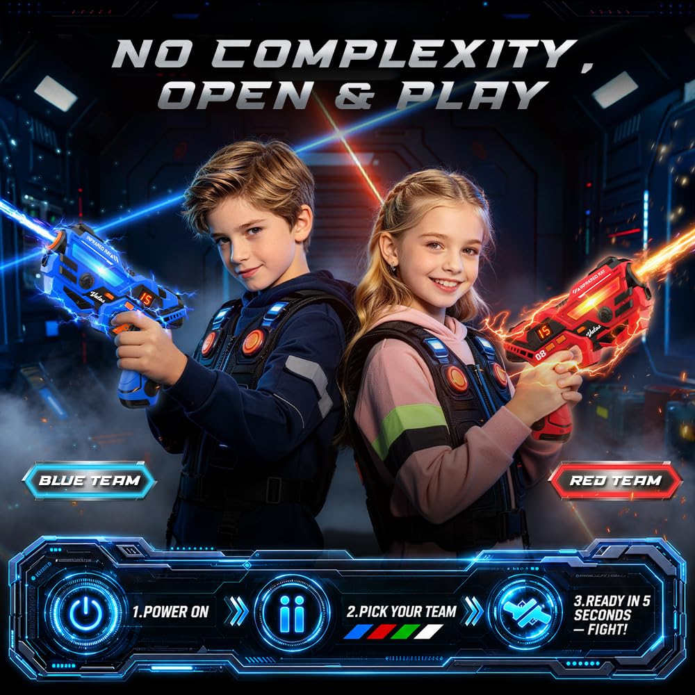 VATOS Set Laser Tag Ricaricabile 2 Pezzi, Giocattoli Pistola Laser con Schermo LED, Raggio 40 m per Interni ed Esterni - Gioco per Ragazzi e Famiglia, Regalo di Compleanno e Vacanza per Bambini 6+