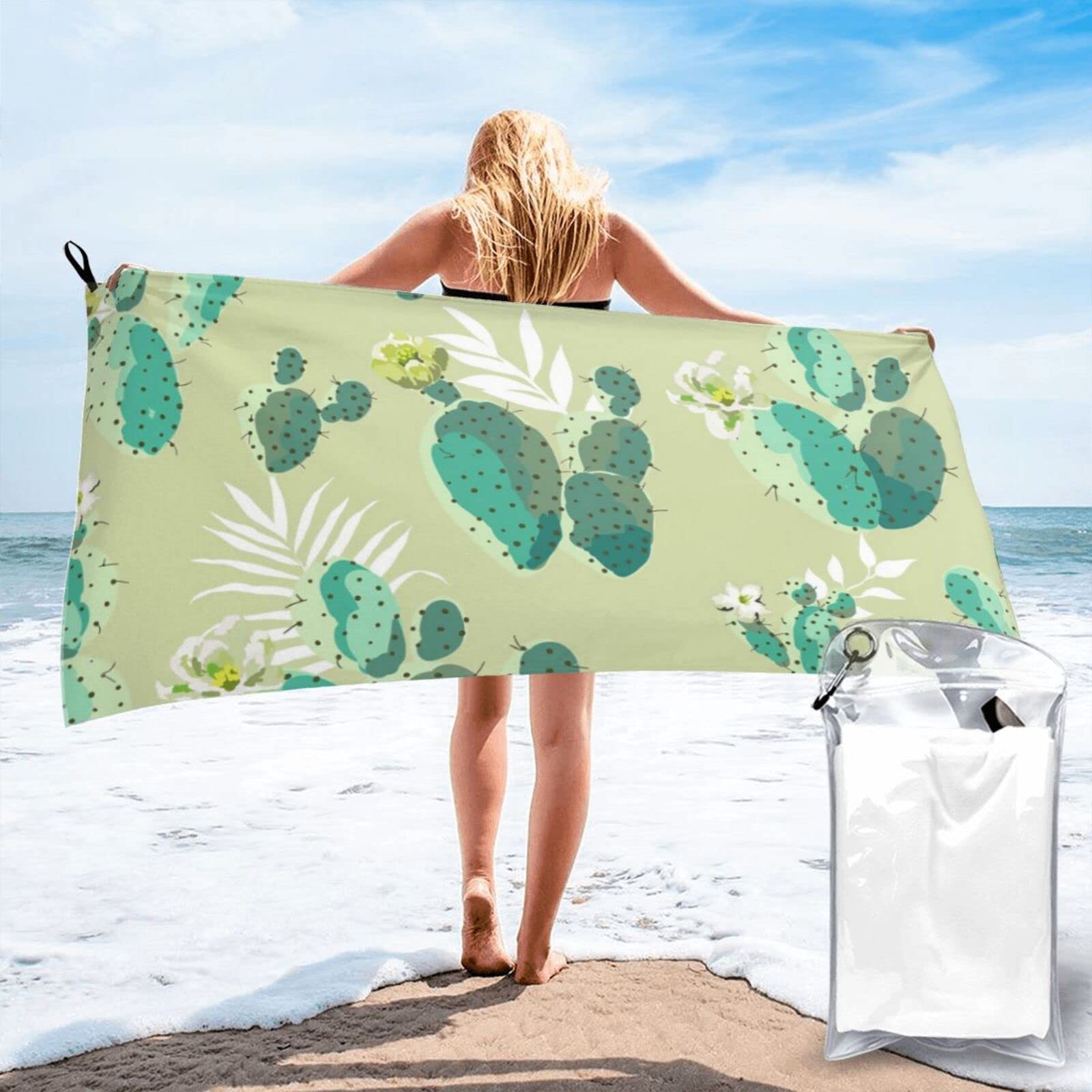 Lawenp Flowering Cactus Microfiber Beach Towel Adults Large Quick Drying Bath Towel Travel Towels with Pouch 27.5"x55"